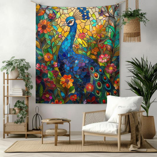 Tapestry of Peacock Faux Stained Glass, Vibrant Psychedelic, Art Wall Tapestries