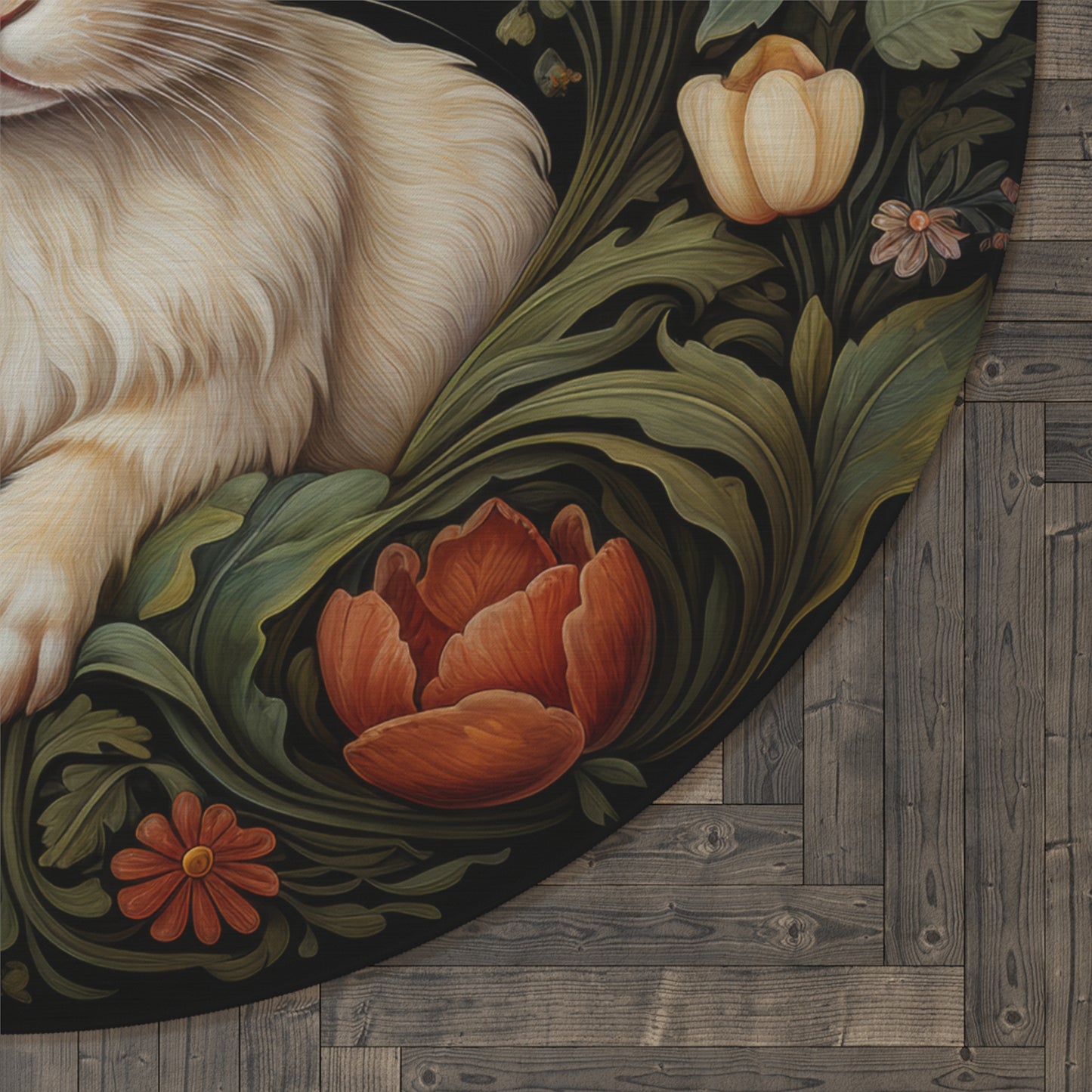 William Morris Inspired Botanical White Rabbit Home Decor, Rabbit Round Area Rug