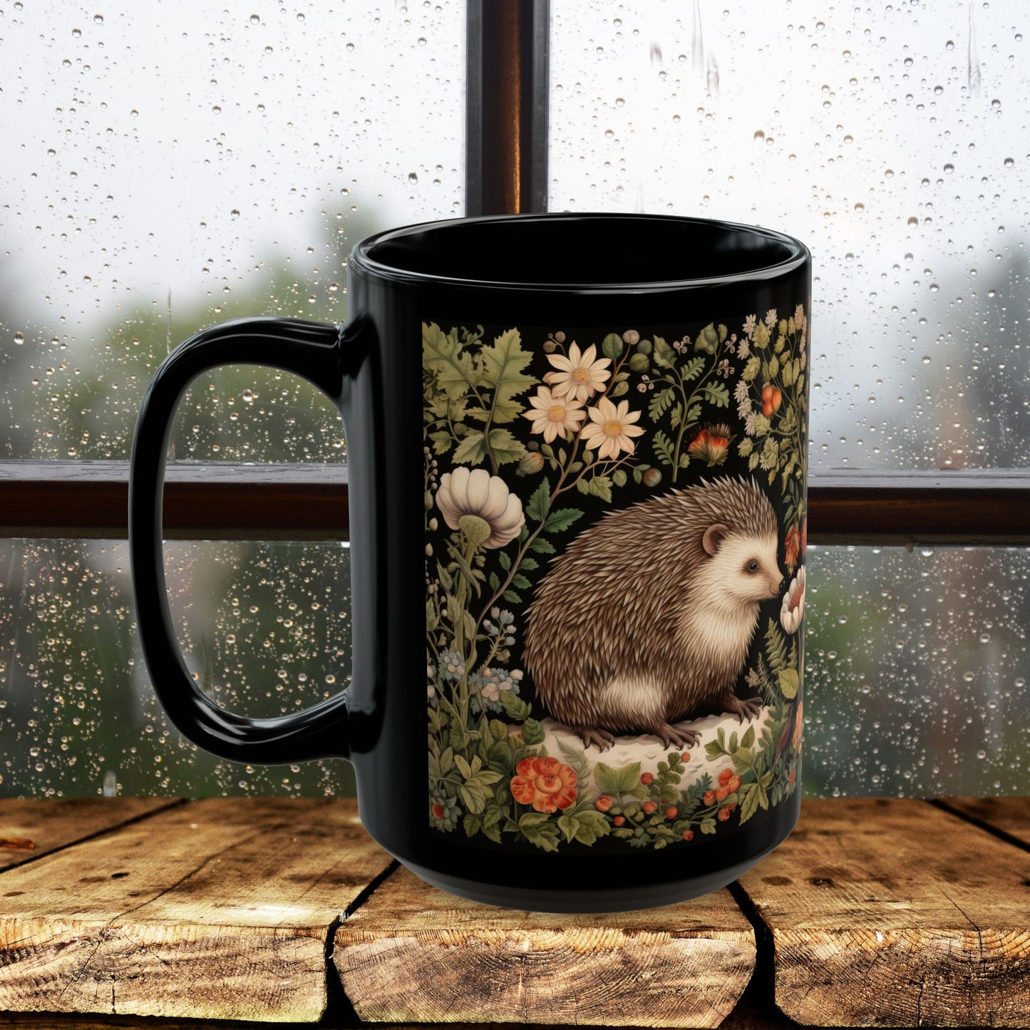 William Morris Inspired Botanical Hedgehog Black Coffee Mug For Her Him Ceramic Mug Black Mug 11oz, 15oz