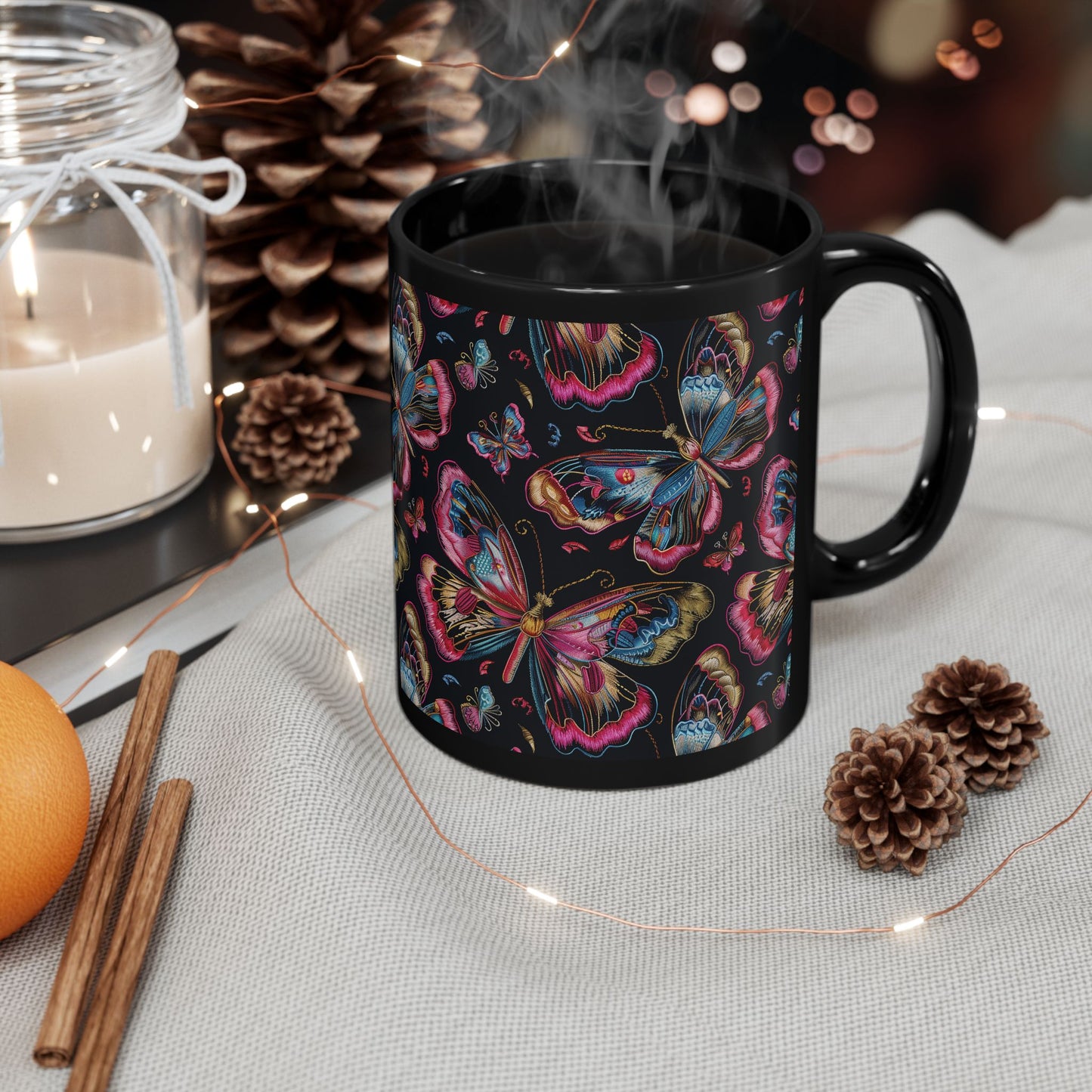 Pink Blue Butterfly Pattern Black Coffee Mug | Gift for Bird Lover Coffee Mug 11oz, 15oz