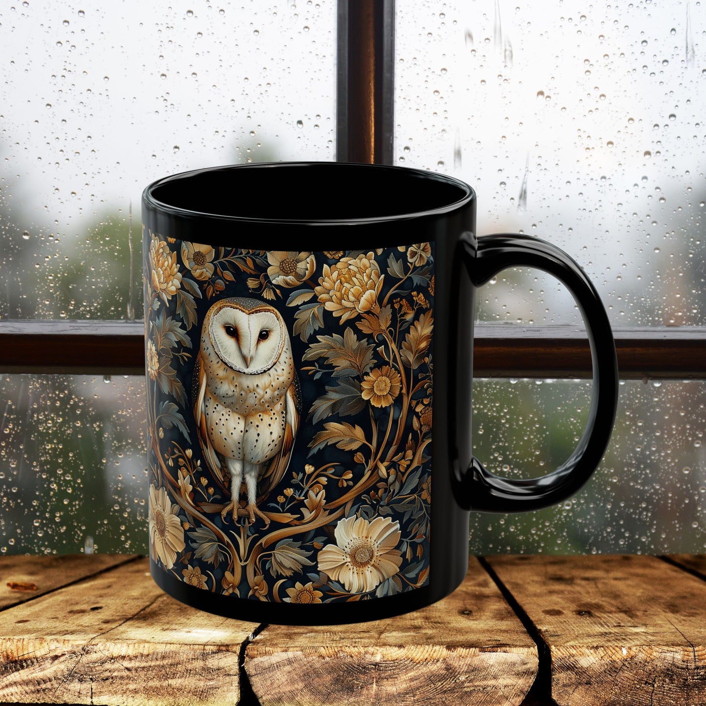 William Morris Inspired Botanical Barn Owl Black Coffee Mug | Mystical Owl Black Mug 11oz, 15 oz