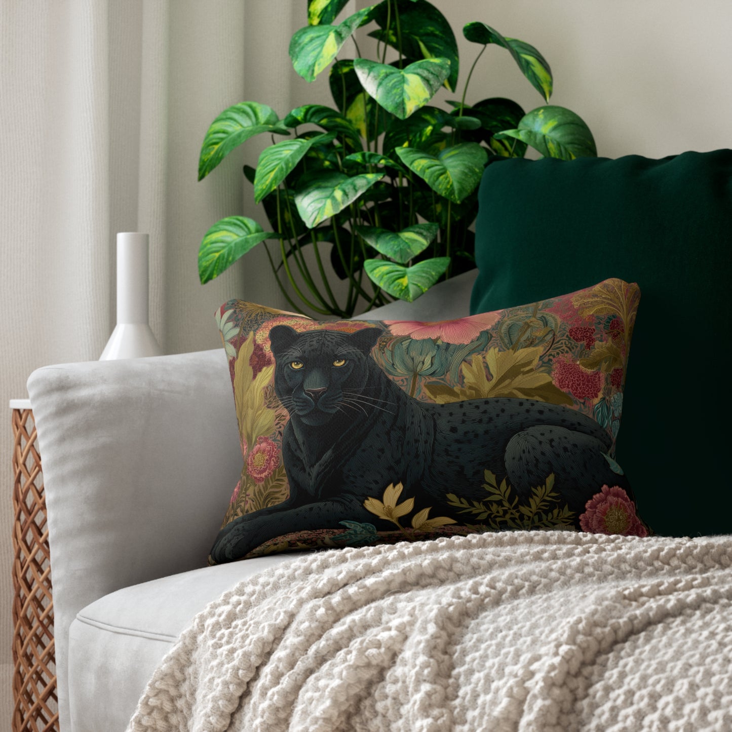 Black Panther Lumbar Pillow, Jungle Floral Cushion, Exotic Wildlife Decorative Accent