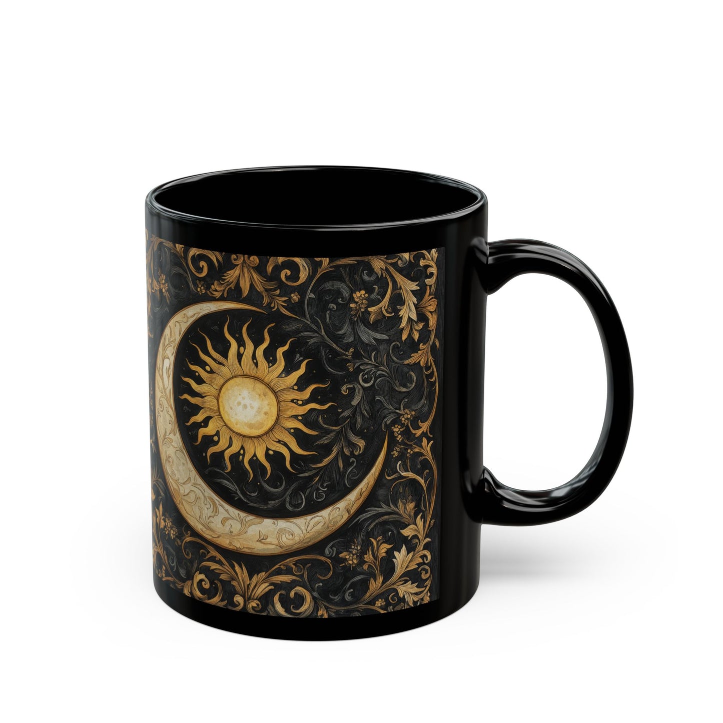 Gold Ornate William Morris Inspired Black Mug (11oz, 15oz) - Celestial Sun and Moon Coffee Cup, Gothic Kitchen Decor, Bohemian Drinkware,