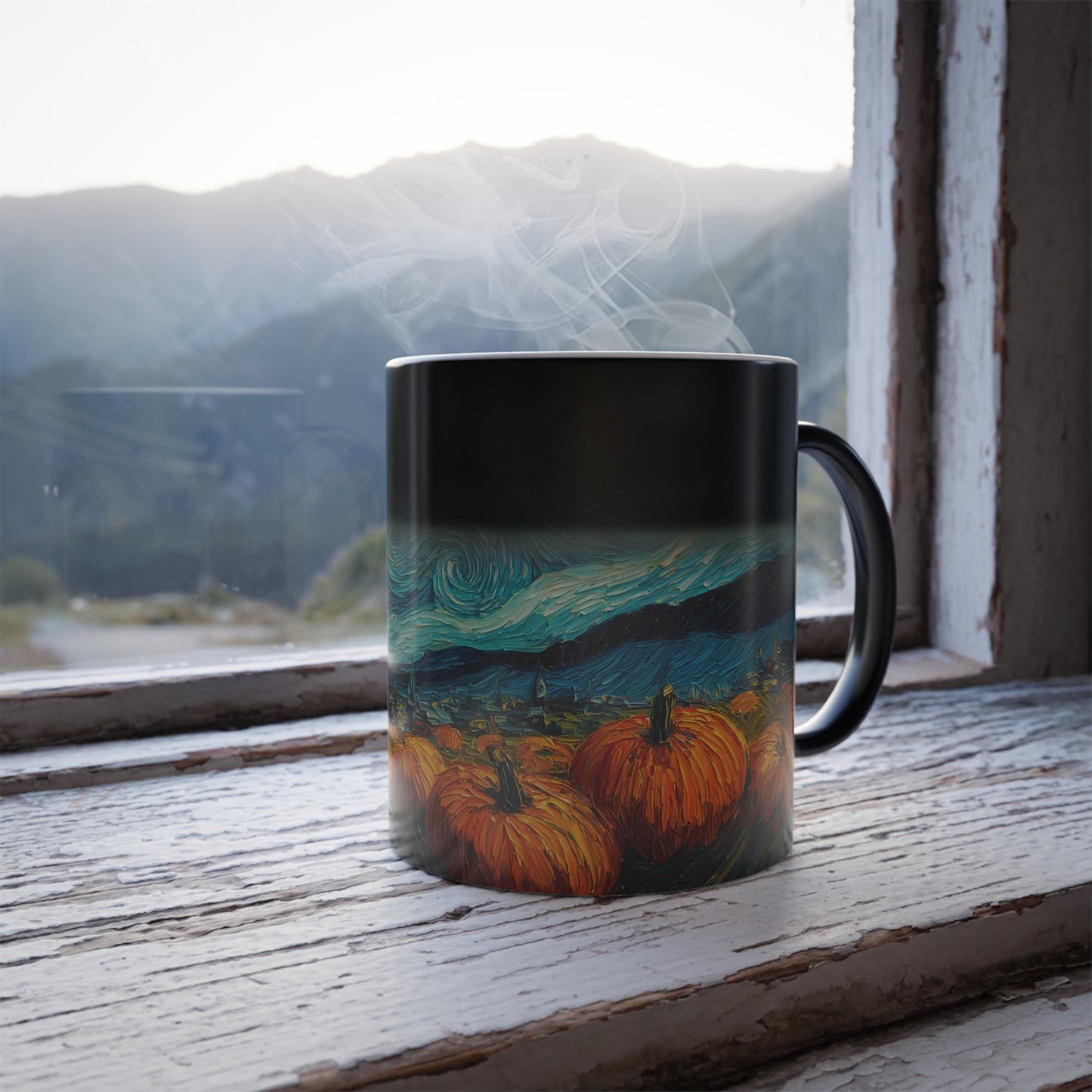 Starry Night Pumpkin Patch Color-Changing Mug, Heat Reveal Coffee Cup, 11oz, Home Decor, Art Enthusiasts, Office Essentials