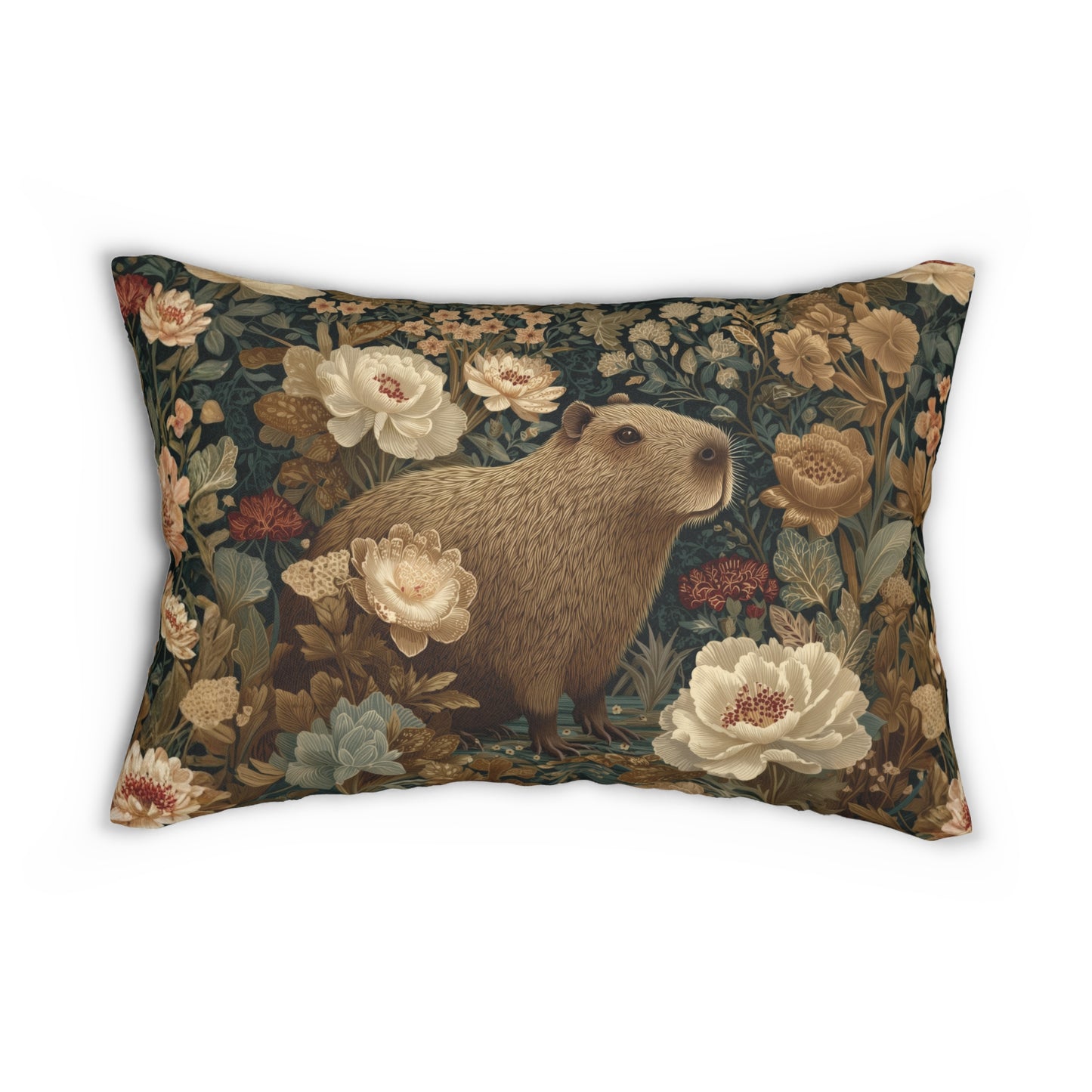 Vintage Floral Capybara Lumbar Pillow, Botanical Animal Accent Cushion