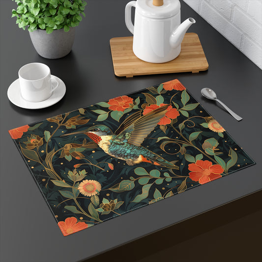 Art Deco Floral Hummingbird Placemat, Bird Dining Room Decor