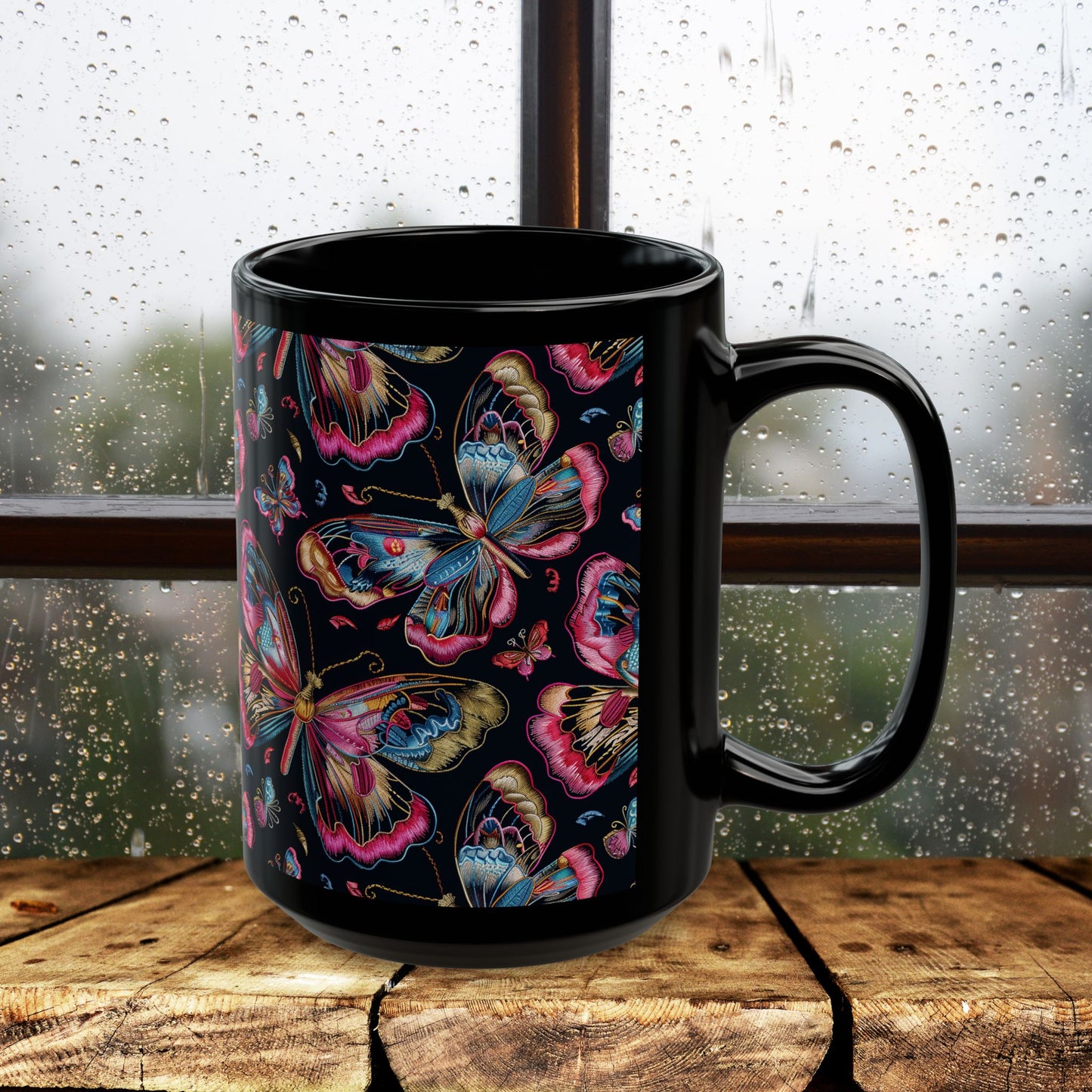 Pink Blue Butterfly Pattern Black Coffee Mug | Gift for Bird Lover Coffee Mug 11oz, 15oz