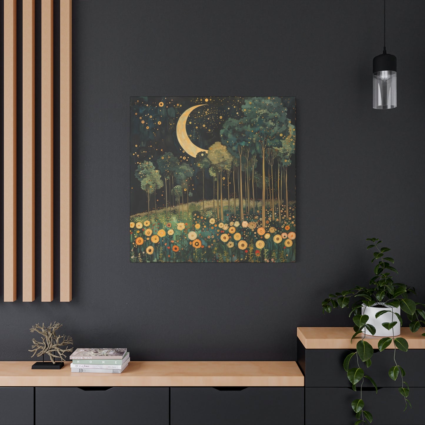 Moonlit Meadow Dreamscape | Matte Canvas Wall Art, Stretched, 1.25" | Starry Night Forest & Flowers Print