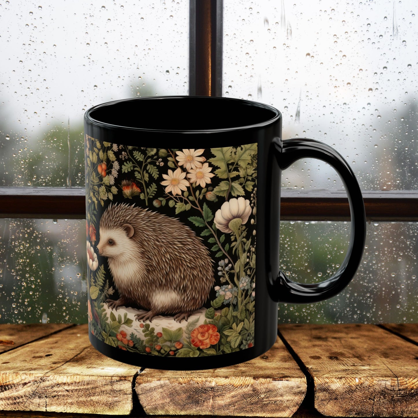 William Morris Inspired Botanical Hedgehog Black Coffee Mug For Her Him Ceramic Mug Black Mug 11oz, 15oz
