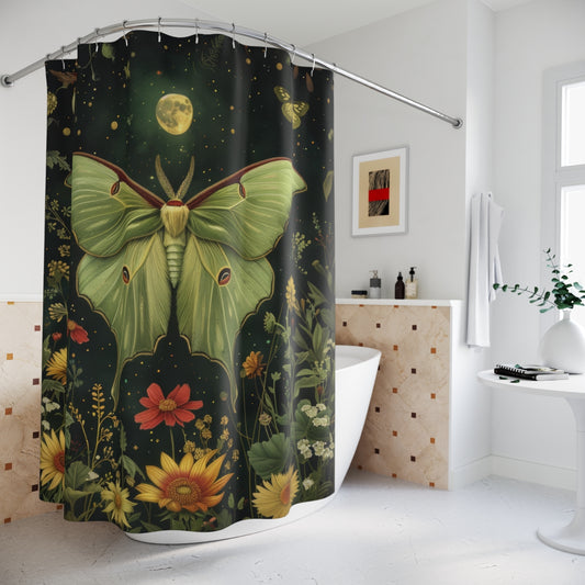 Magical Green Luna Moth Night Moon Shower Curtain | Art Deco Style Shower Curtain | Cottagecore Bathroom Decor