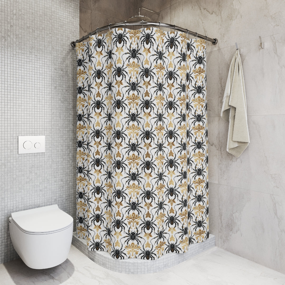 Halloween Gothic Damask Spiders Shower Curtain - Scary Bathroom Decor, Spooky Home Accessories, Halloween Party Decoration, Creepy Black