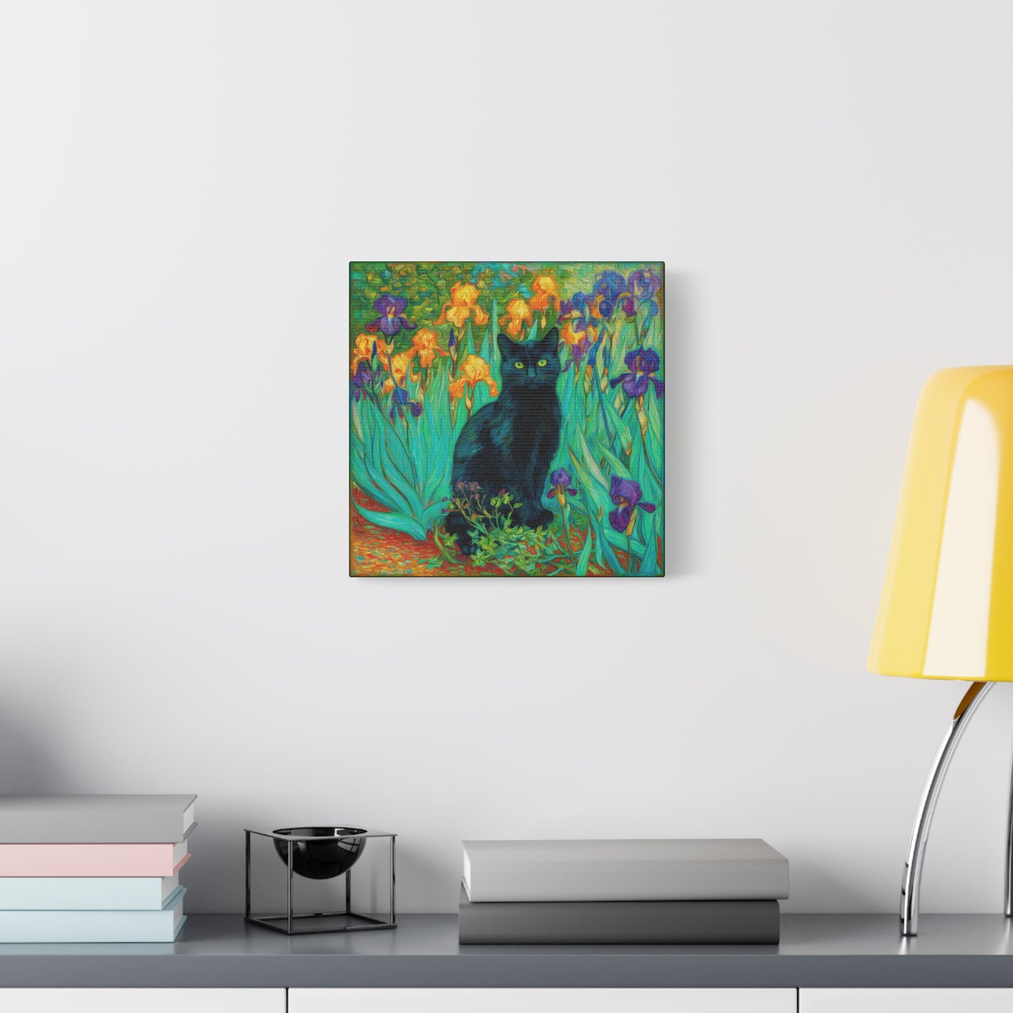 Black Cat Among Irises, Vibrant Floral Canvas Wall Art, Matte Stretched Canvas 1.25"