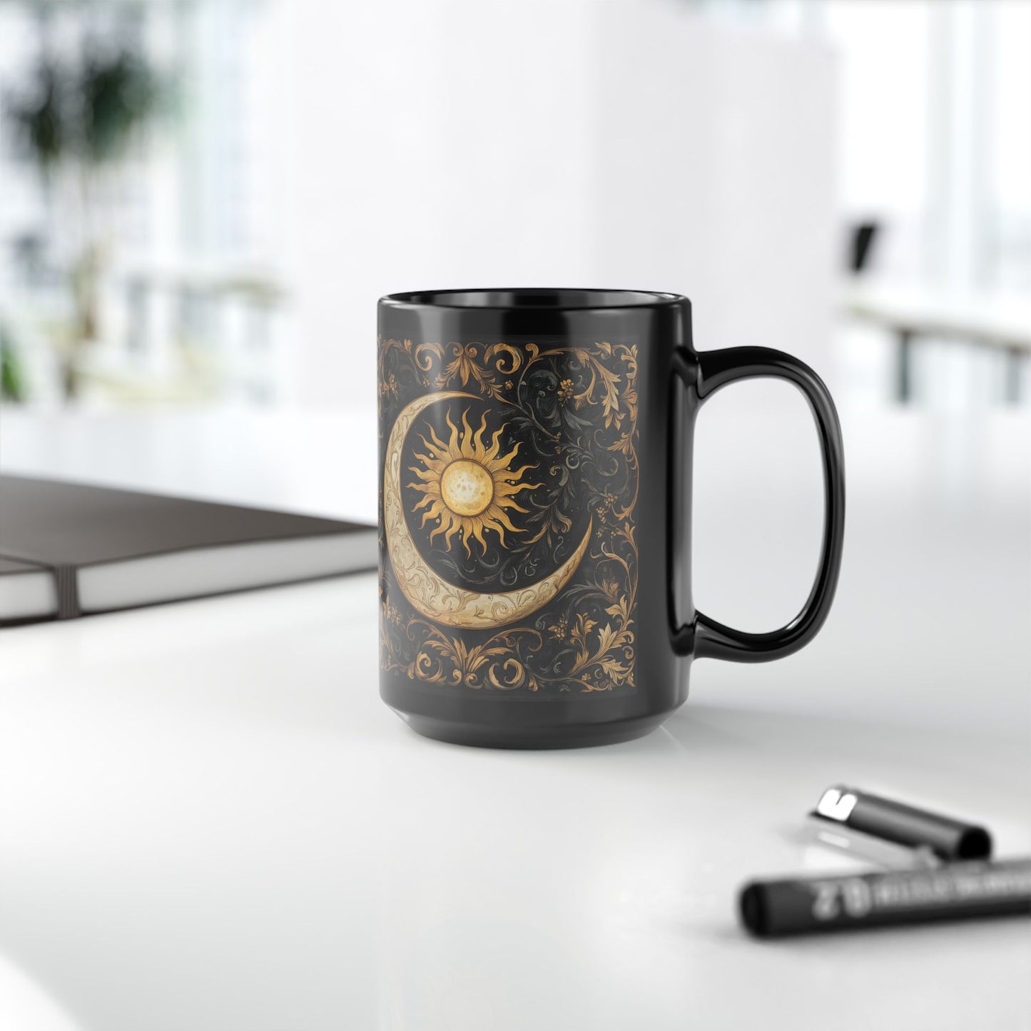 Gold Ornate William Morris Inspired Black Mug (11oz, 15oz) - Celestial Sun and Moon Coffee Cup, Gothic Kitchen Decor, Bohemian Drinkware,