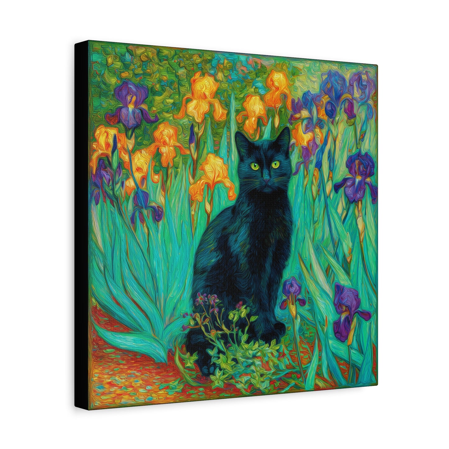 Black Cat Among Irises, Vibrant Floral Canvas Wall Art, Matte Stretched Canvas 1.25"