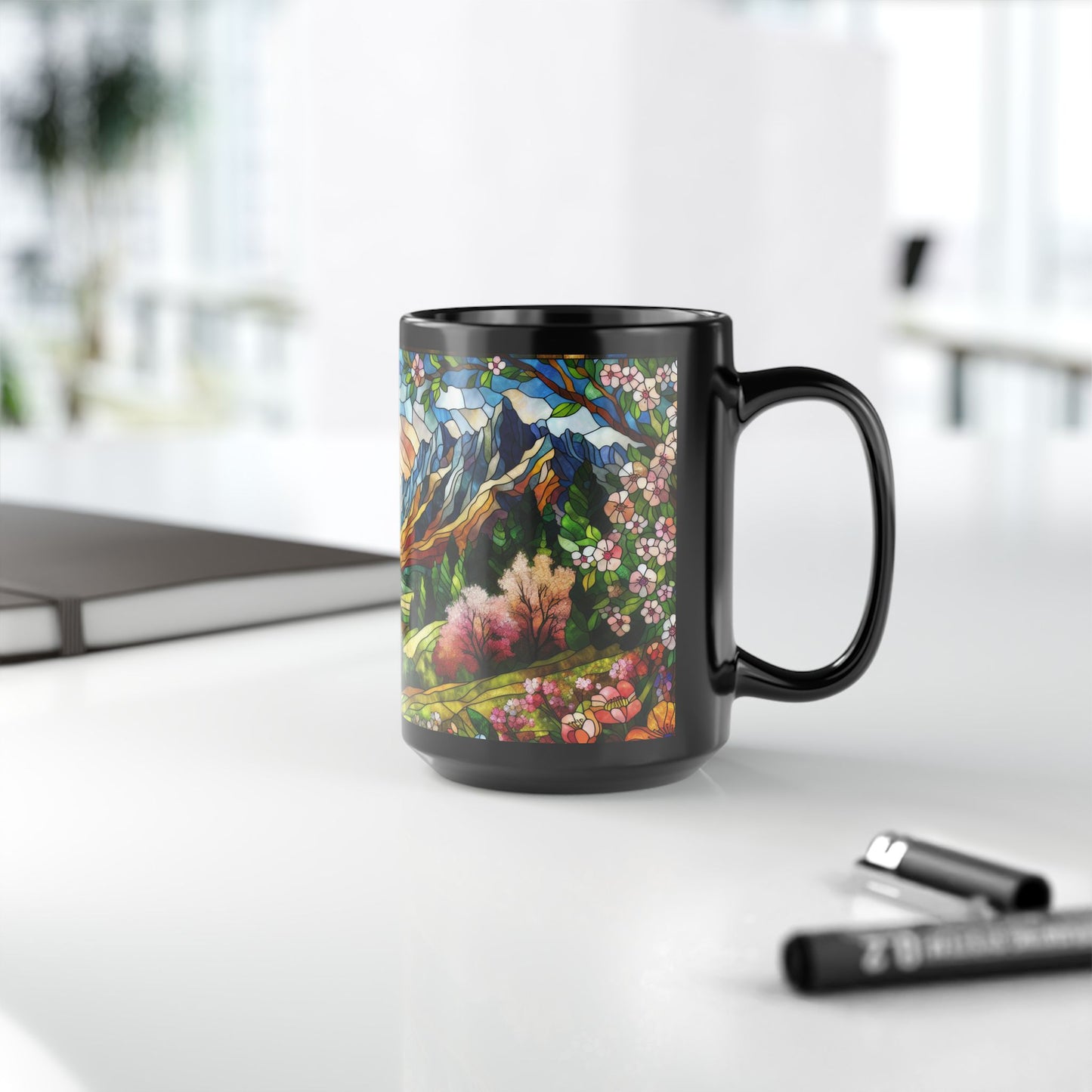 Faux Stained Glass Spring Mountain Coffee Mug | Nature Inspired | Outdoor Design | Gift for Nature Lover Coffee Mug 11oz, 15 oz