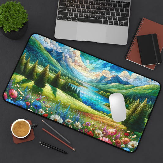 Desk Mat - Stain Glass Style Nature Scene Flower Lake and Mountain Landscape