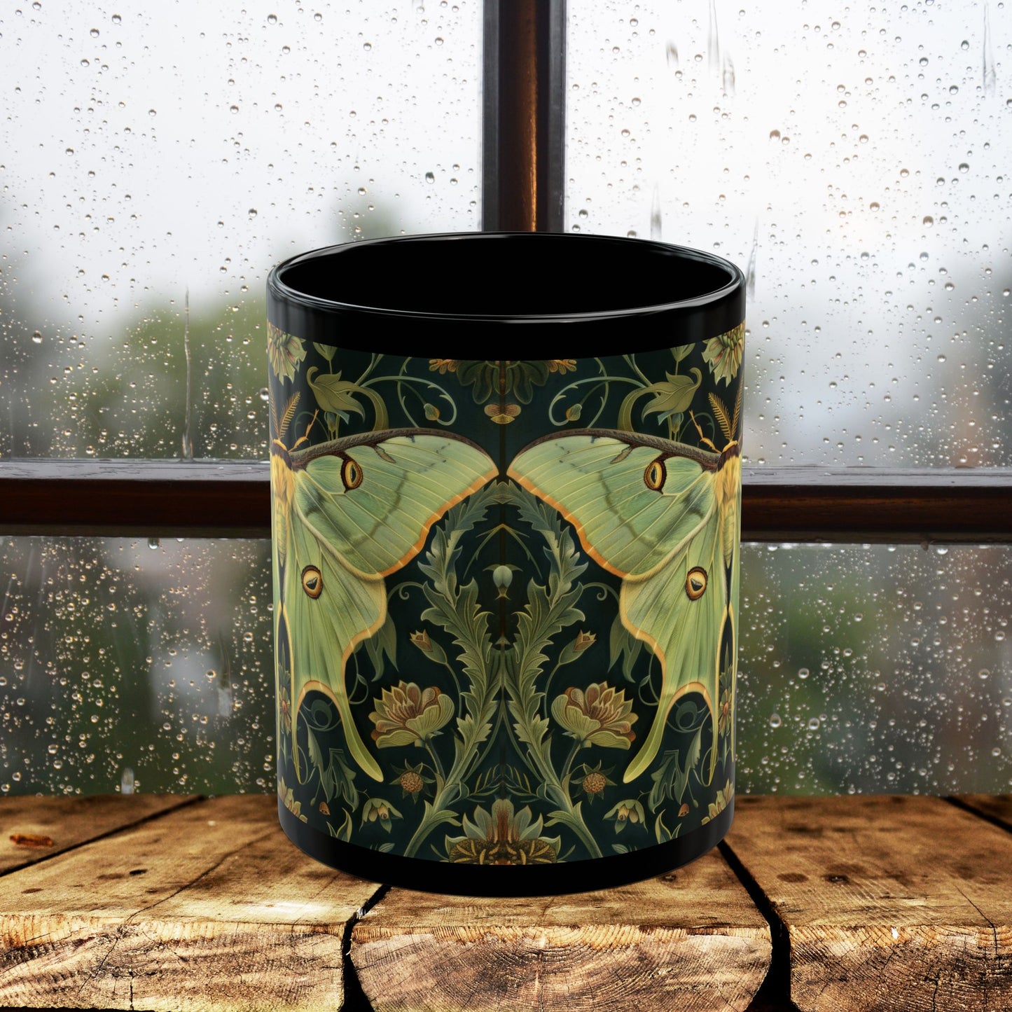 Woodland Luna Moth William Morris Inspired Black Coffee Mug For Her Him Ceramic Mug Black Mug 11oz, 15oz
