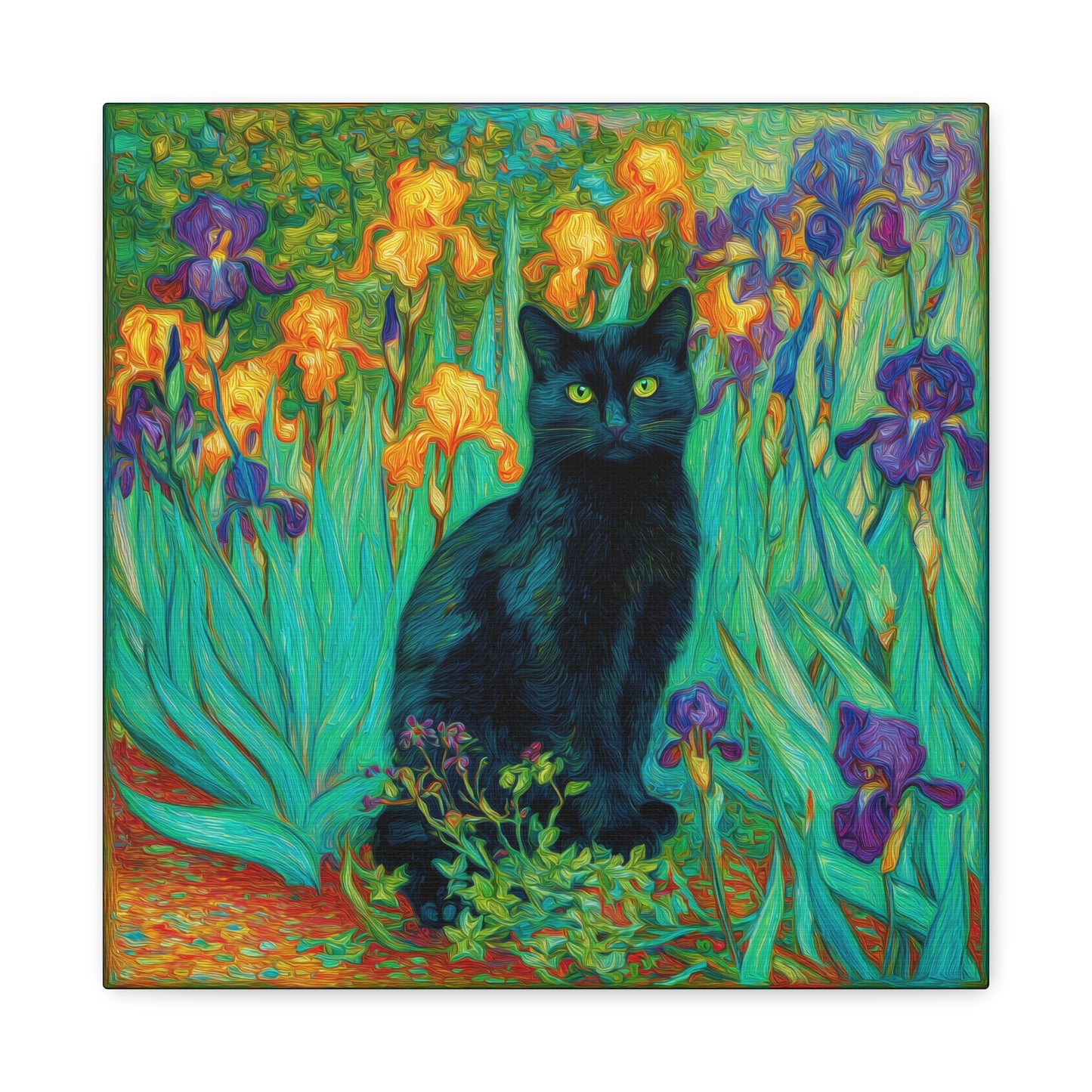 Black Cat Among Irises, Vibrant Floral Canvas Wall Art, Matte Stretched Canvas 1.25"