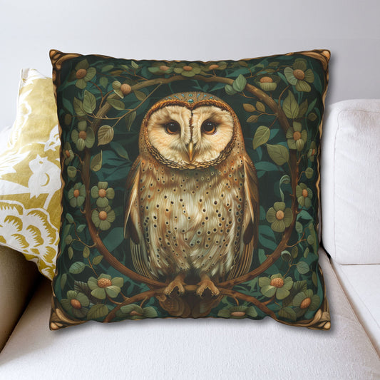 Woodland Owl Square Pillowcase, Cottagecore Forest Decor, William Morris Inspired Cushion, Home Decor Accent