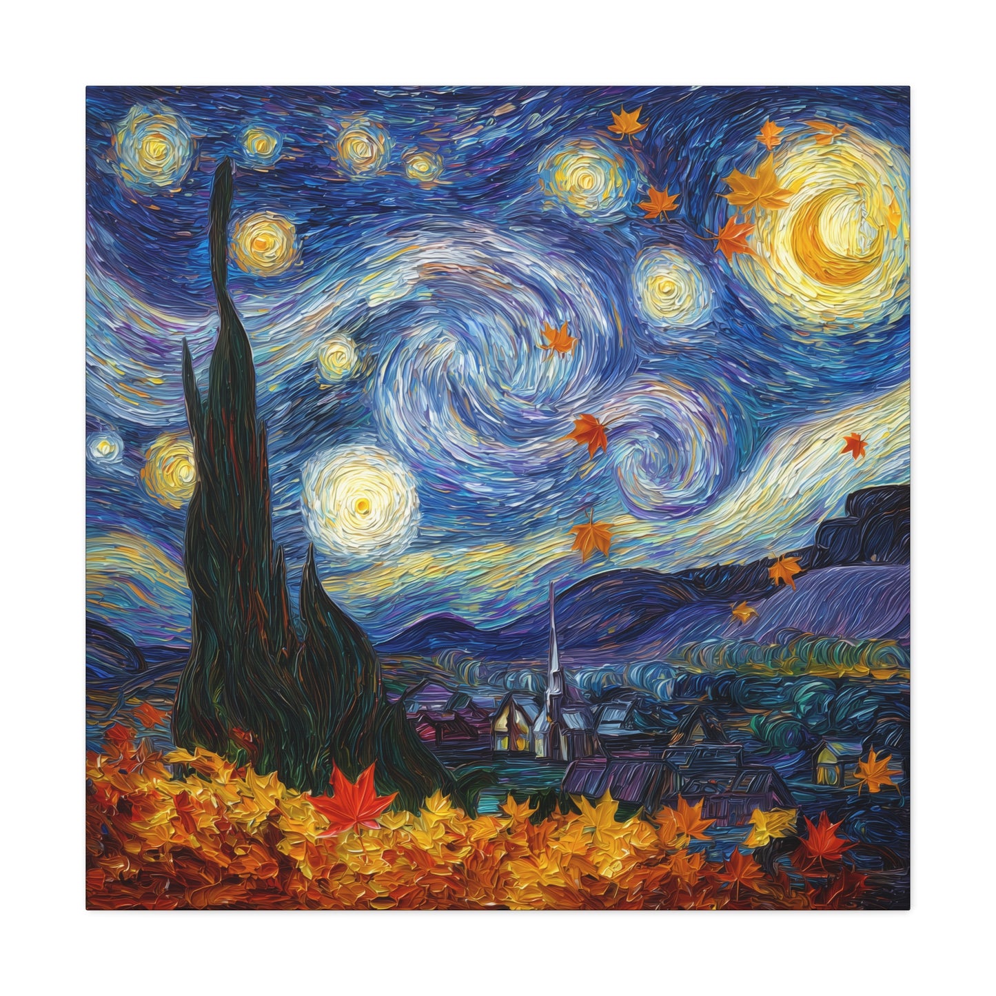 Autumn Starry Night Canvas Wall Art, Van Gogh Inspired Sky with Falling Leaves, Matte Stretched Canvas 1.25"