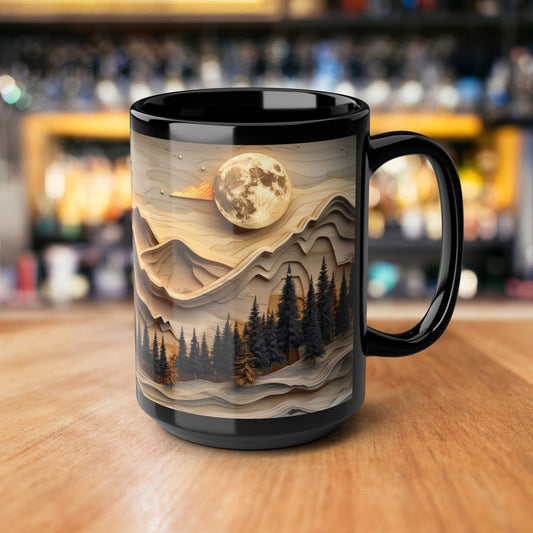 Wooden Moon Mountain Landscape Black Mug, Winter Carved Wood Art Style Coffee Cup (11oz, 15oz) - Rustic Kitchen Decor, Mountain Lover Gift,