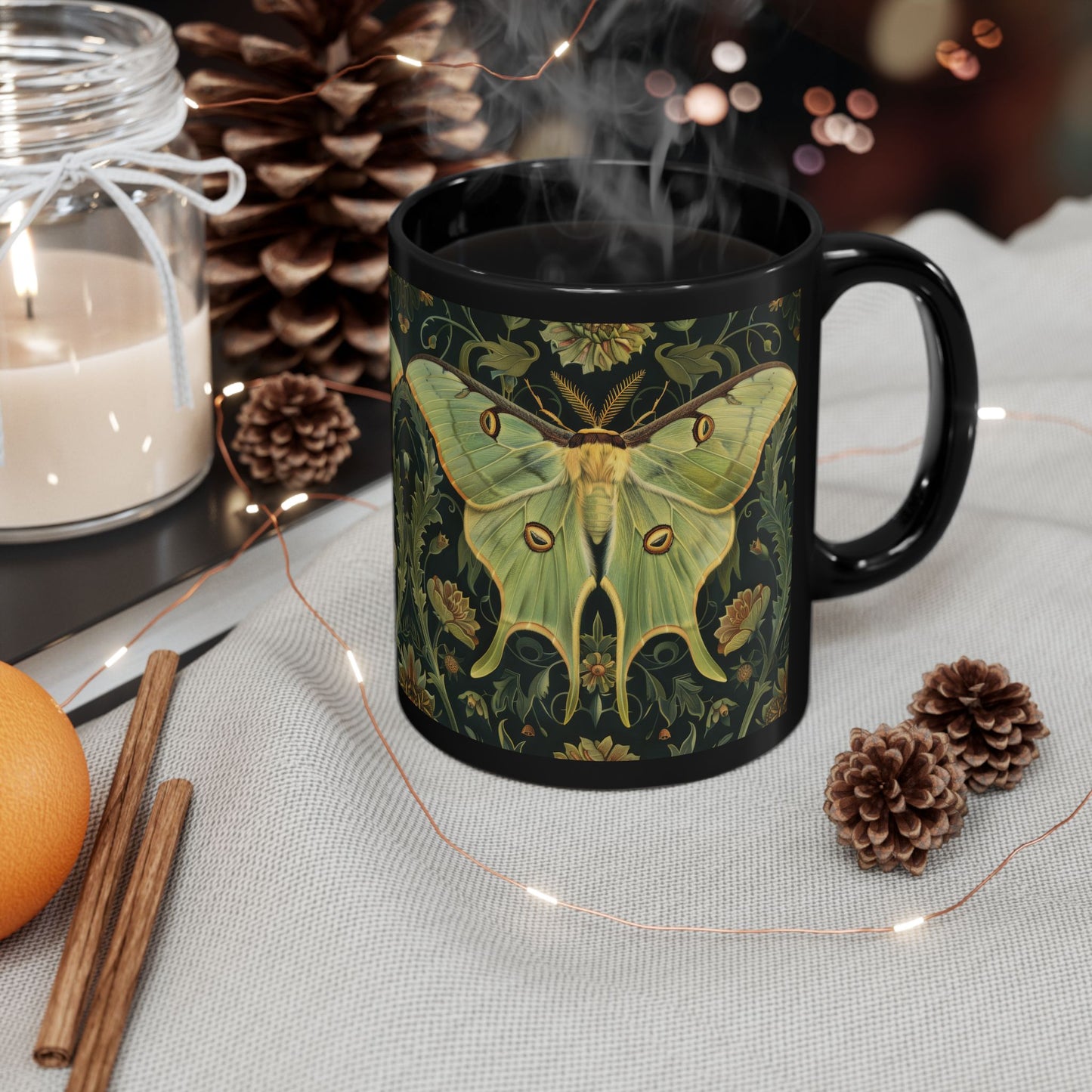 Woodland Luna Moth William Morris Inspired Black Coffee Mug For Her Him Ceramic Mug Black Mug 11oz, 15oz