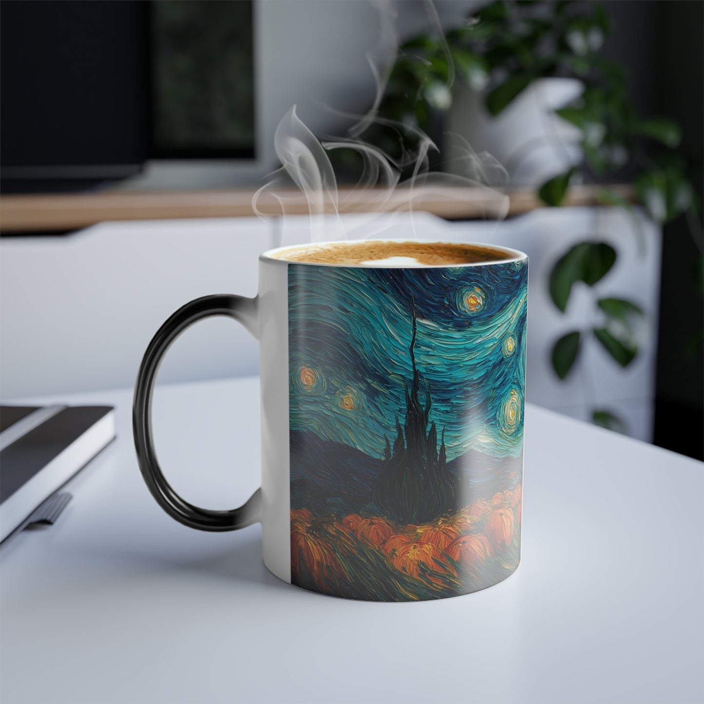 Starry Night Pumpkin Patch Color-Changing Mug, Heat Reveal Coffee Cup, 11oz, Home Decor, Art Enthusiasts, Office Essentials