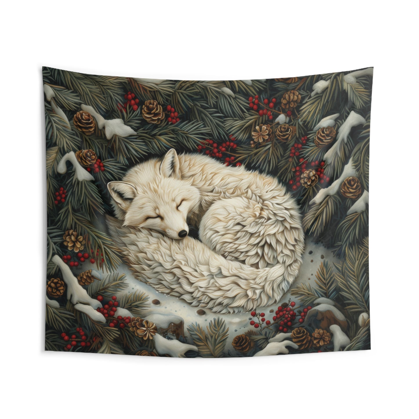 Tapestry of Art Deco Winter Arctic Fox, William Morris Inspired Decorative Indoor Wall Tapestries, Cozy Home Decor