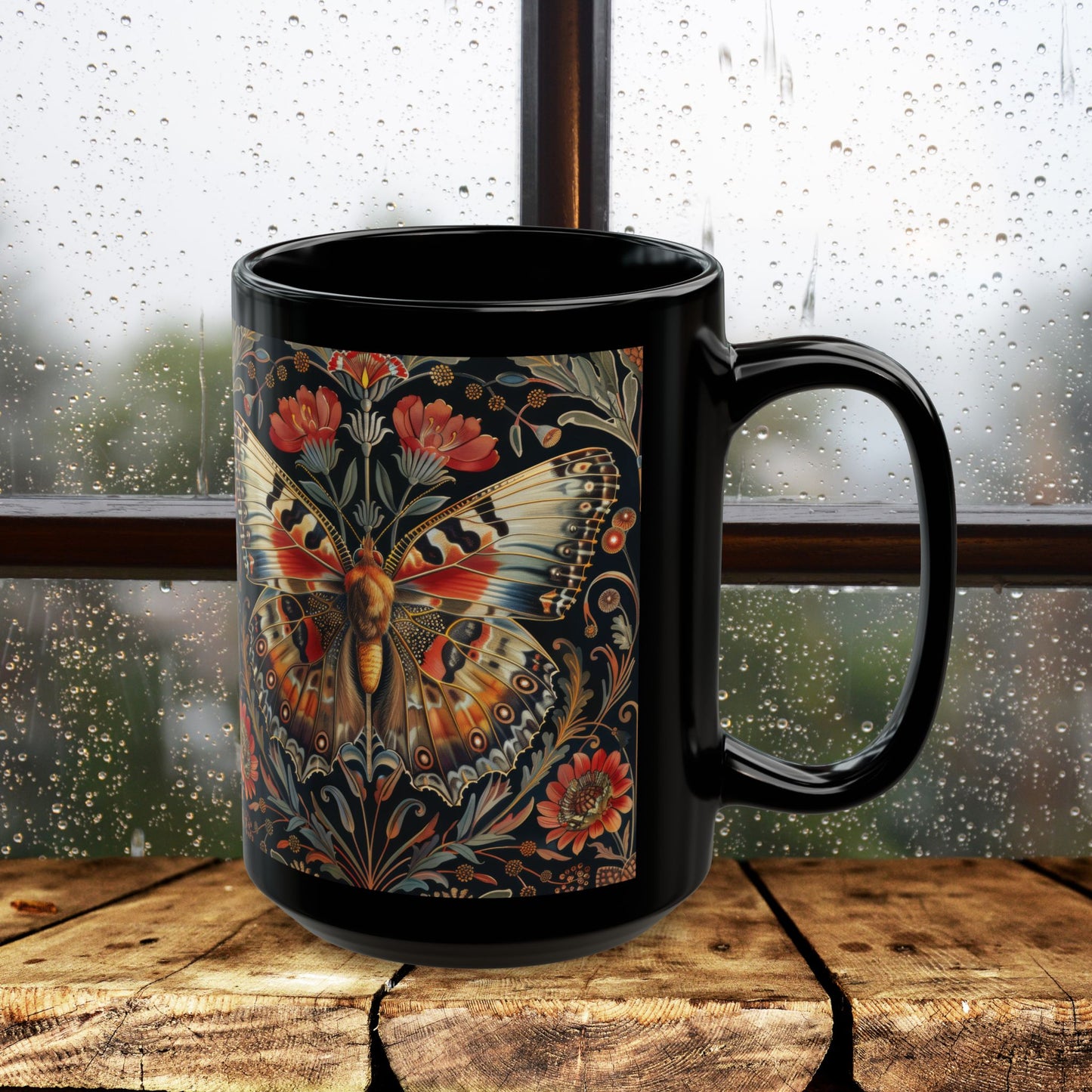 William Morris Inspired Botanical Butterfly Black Mug 11 oz. , 15 oz