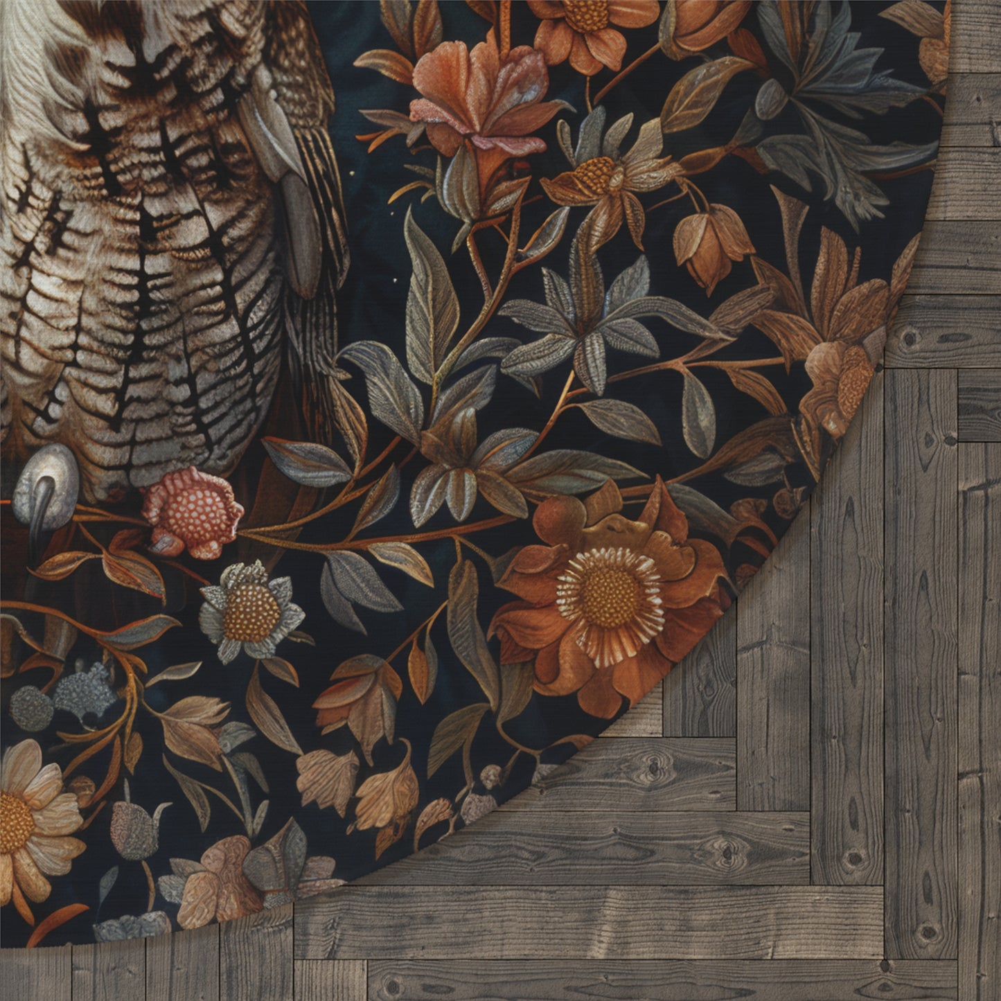 Botanical Screech Owl Round Rug, William Morris Inspired Owl Home Decor, Owl Round Area Rug