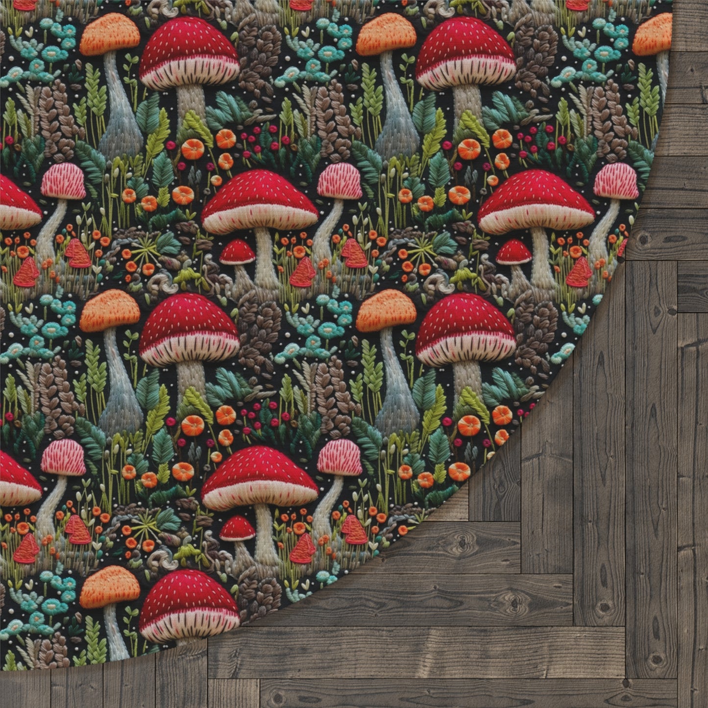 Wild Mushrooms Cottage Embroidery Pattern Round Area Rug, Housewarming Gift
