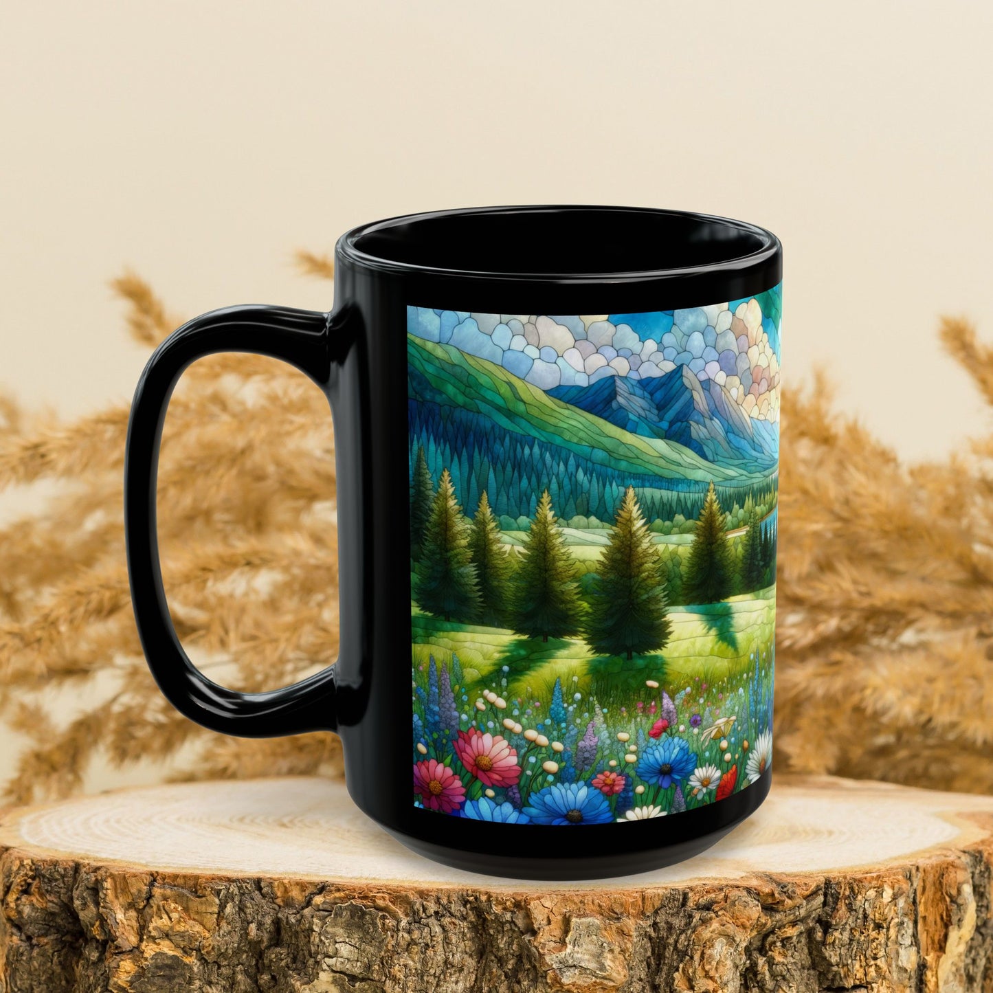 Nature Scene Flower Lake and Mountain Landscape Mug | Faux Stained Glass Black Coffee Mug 11 oz, 15 oz
