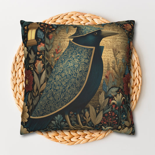 Pillowcase Gothic Crow Cushion, William Morris Inspired Witchy Bird Throw Pillow for Cottagecore & Dark Academia Décor