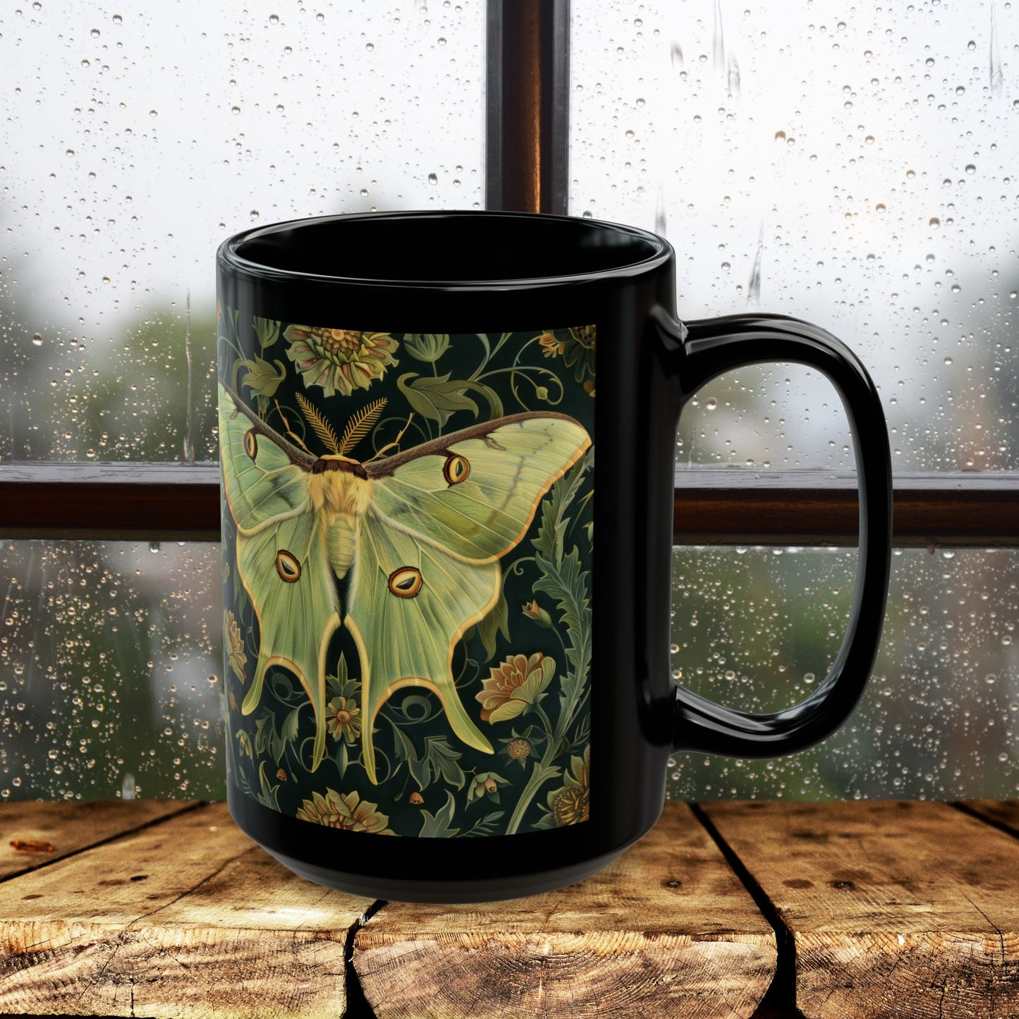 Woodland Luna Moth William Morris Inspired Black Coffee Mug For Her Him Ceramic Mug Black Mug 11oz, 15oz