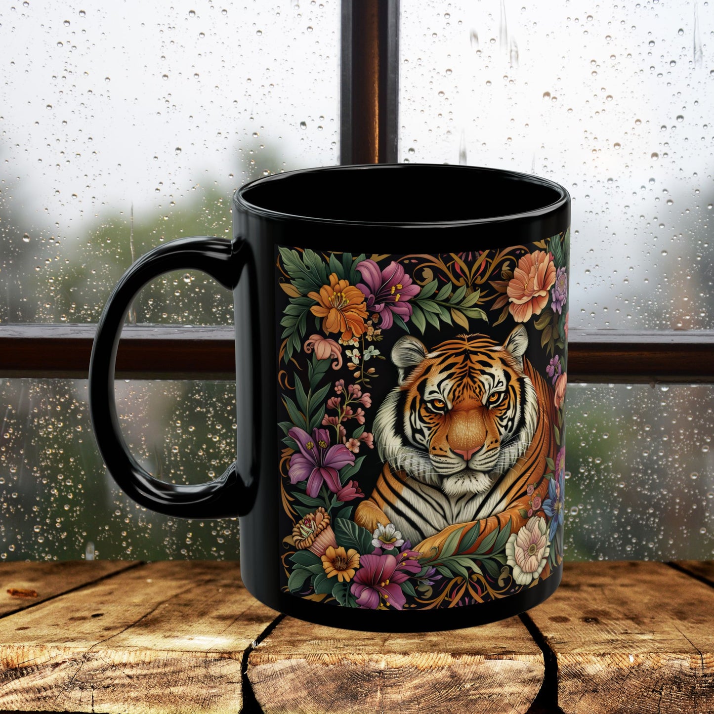 Tropical Tiger William Morris Inspired Black Coffee Mug For Her Him Ceramic Mug Black Mug  11oz, 15oz