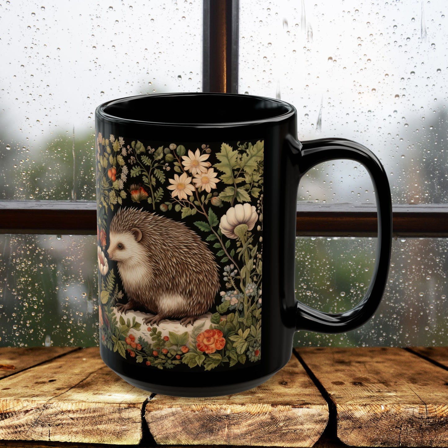 William Morris Inspired Botanical Hedgehog Black Coffee Mug For Her Him Ceramic Mug Black Mug 11oz, 15oz
