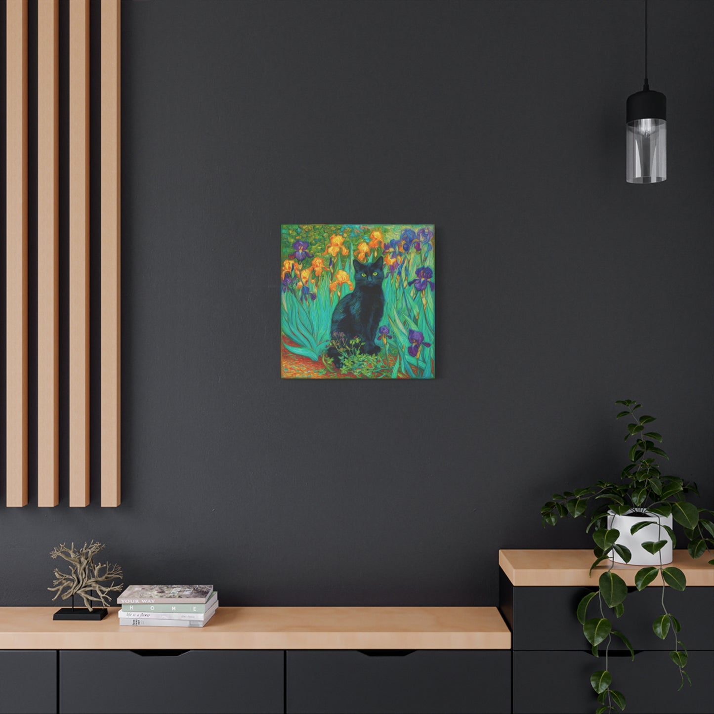 Black Cat Among Irises, Vibrant Floral Canvas Wall Art, Matte Stretched Canvas 1.25"