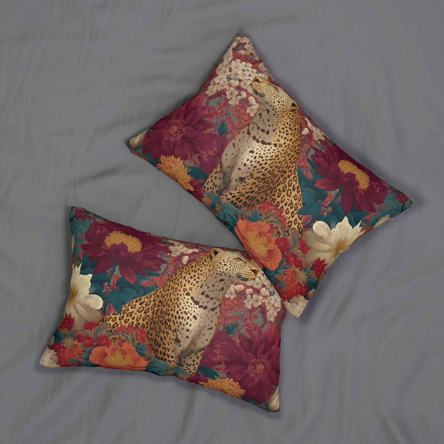 Floral Cheetah Lumbar Pillow, Botanical Jungle Cushion, Exotic Animal Home Decor Accent