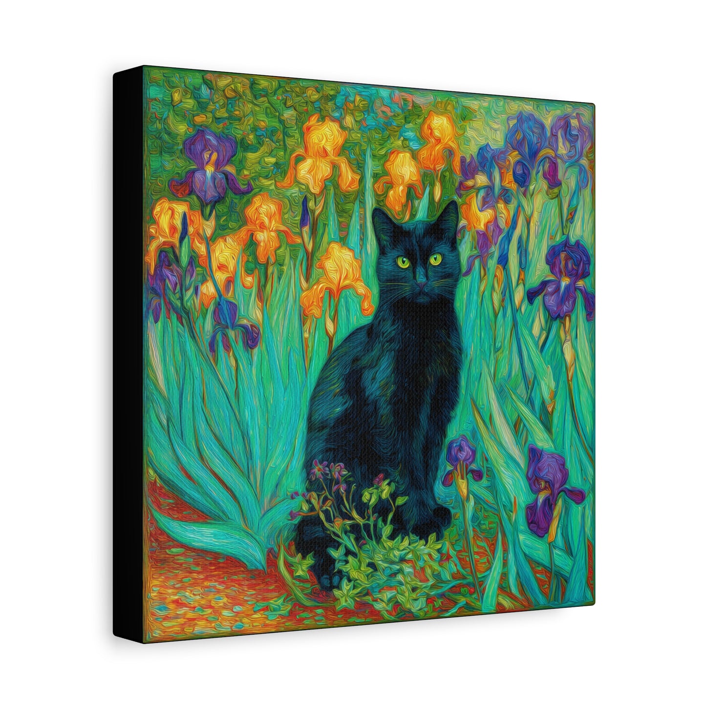 Black Cat Among Irises, Vibrant Floral Canvas Wall Art, Matte Stretched Canvas 1.25"