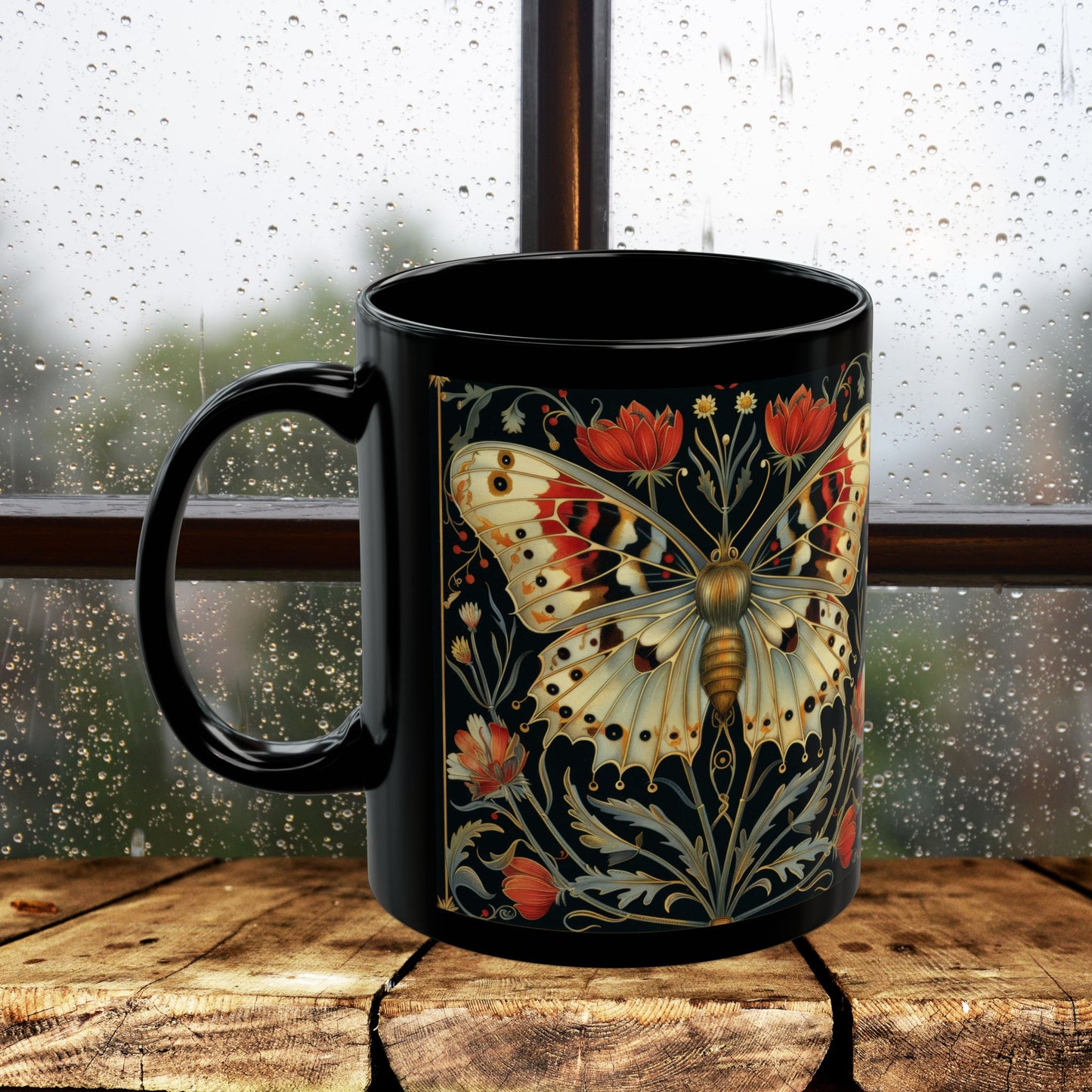 William Morris Inspired Botanical Night Butterfly Black Mug 11oz, 15 oz