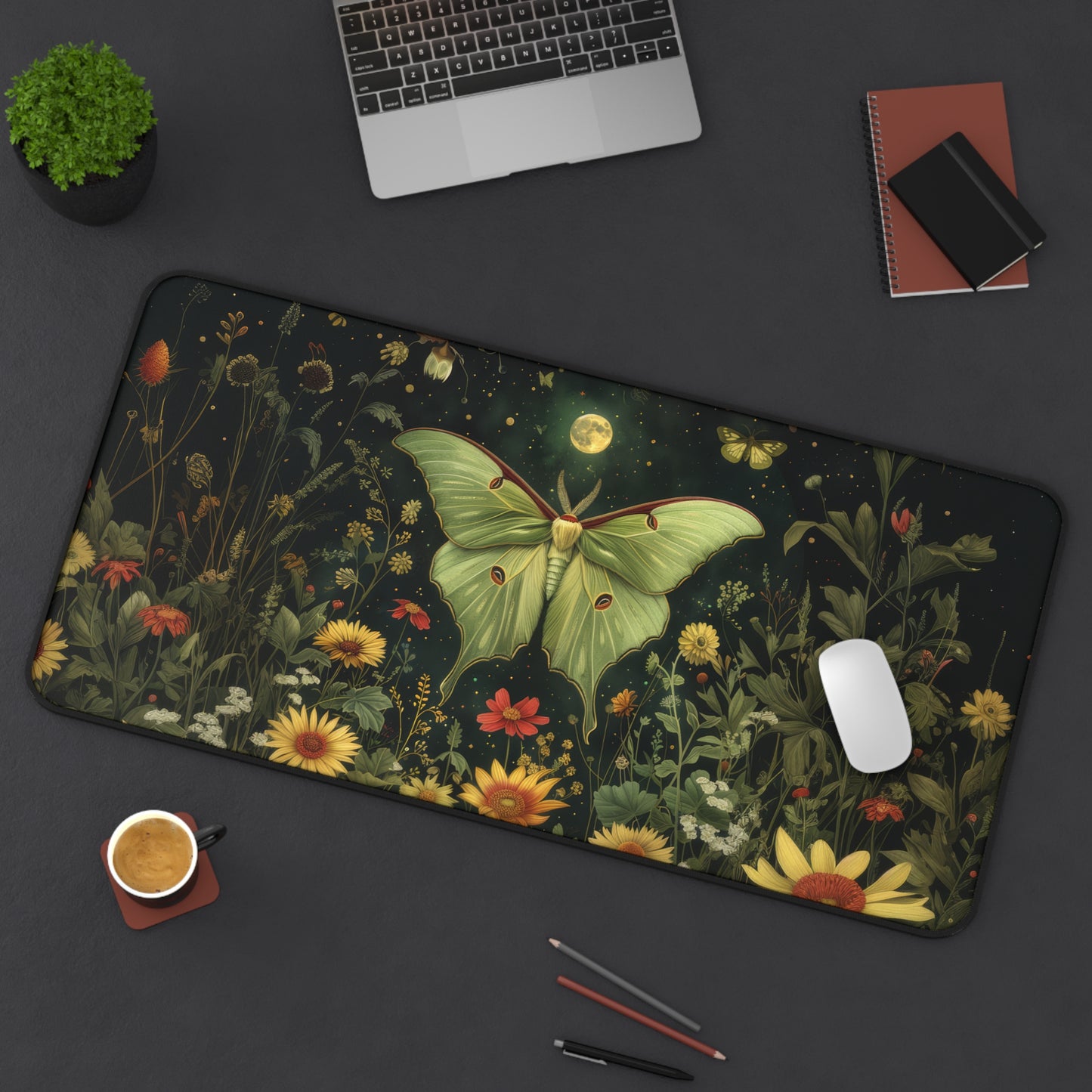 Luna Moth Night Full Moon William Morris Inspired Desk Mat 2 Sizes | Office Decor Gift Desk Mats