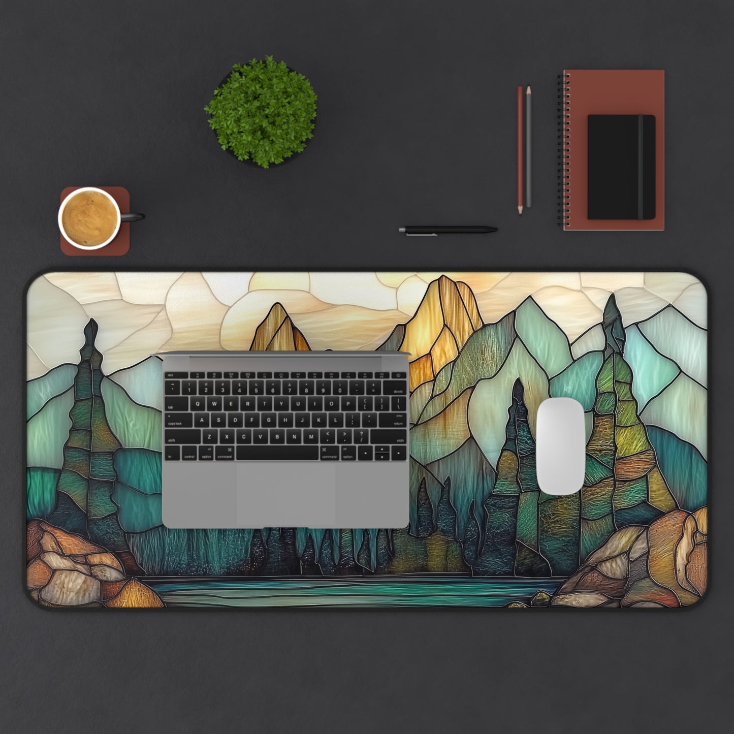 Mountain Forest Gaming Desk Mat, Stained Glass Nature Landscape Keyboard Mouse Pad, Gamer Accessories for Computer, Unique Gamer Gift,