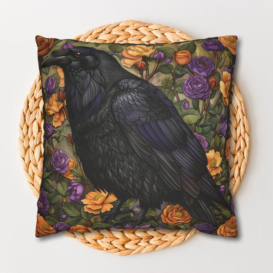 Mystical Raven Halloween Roses Throw Pillowcase, William Morris Inspired Raven Halloween Decor