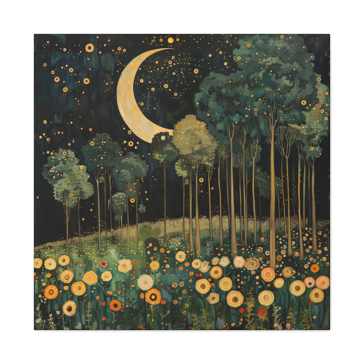 Moonlit Meadow Dreamscape | Matte Canvas Wall Art, Stretched, 1.25" | Starry Night Forest & Flowers Print