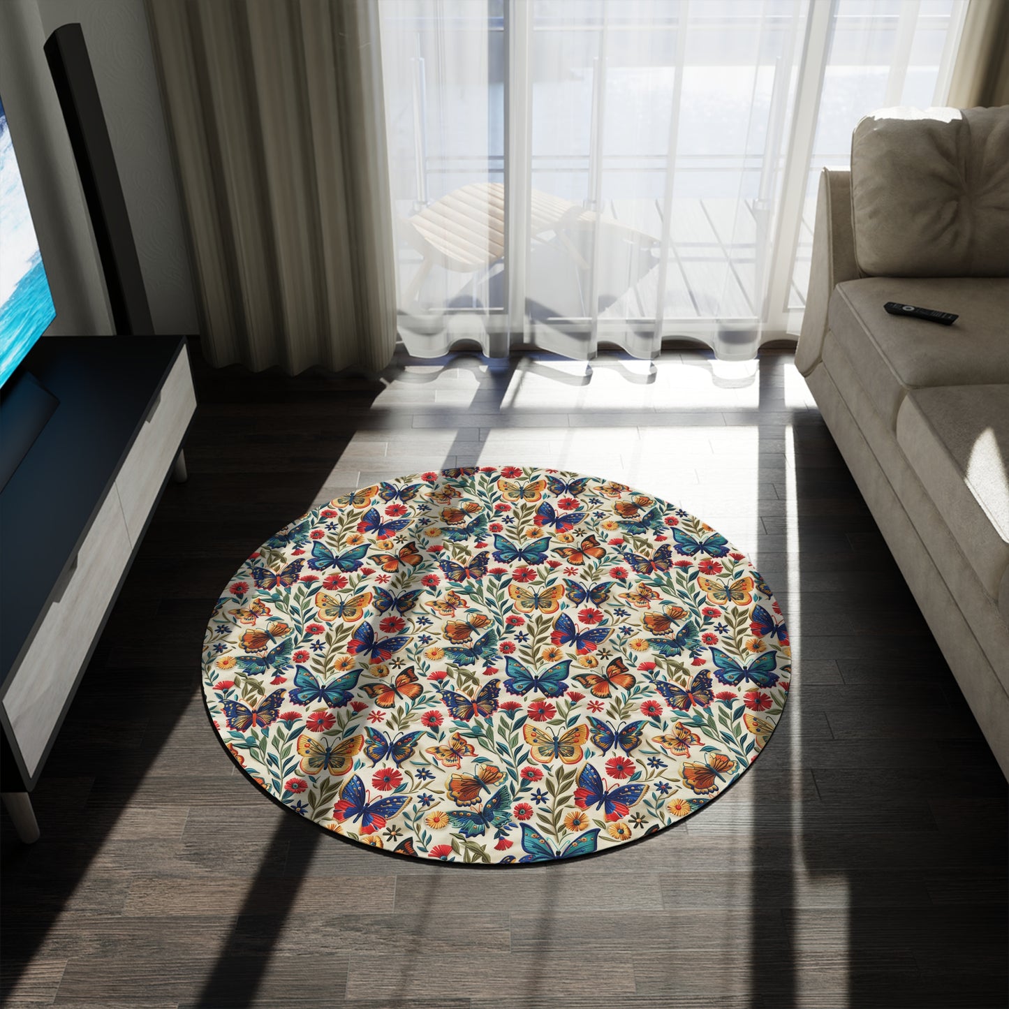 Vintage Butterfly Embroidery Pattern Round Area Rug, Housewarming Gift