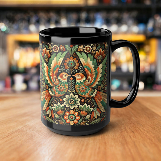 Folk Art of Two Birds and  Flowers Pattern Black Coffee Mug (11oz, 15oz)