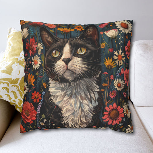 Square Pillowcase - Botanical Tuxedo Cat: William Morris Inspired Cottagecore Decor