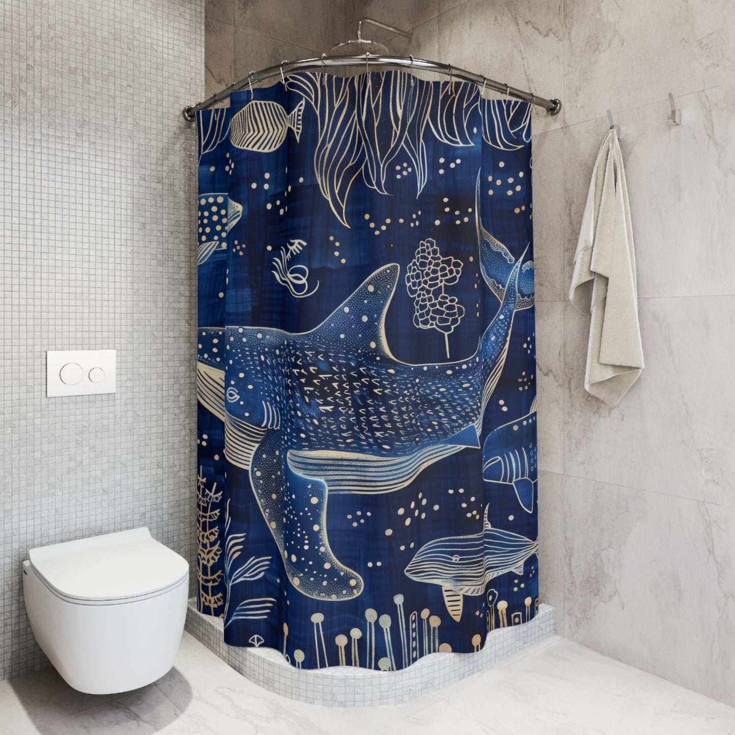 Indigo Ink Whale Shark Pattern Polyester Shower Curtain