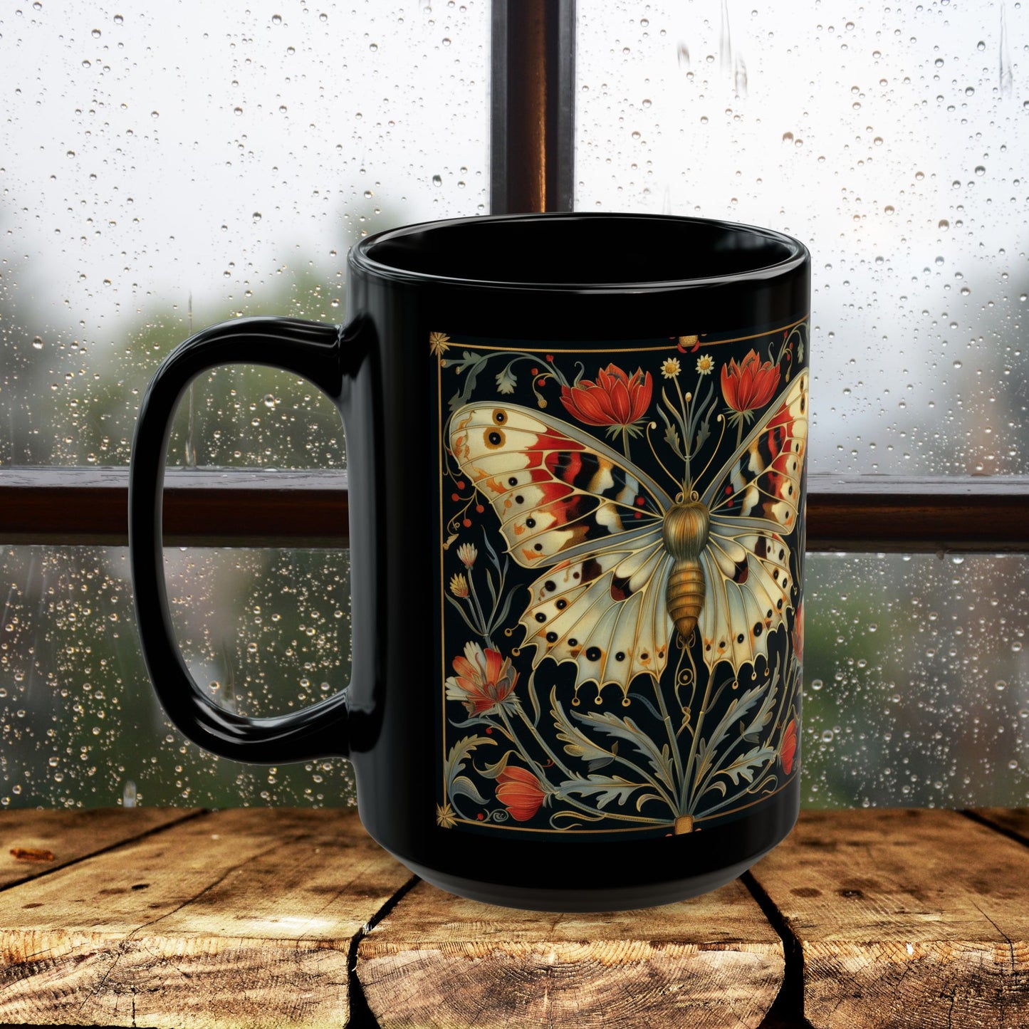 William Morris Inspired Botanical Night Butterfly Black Mug 11oz, 15 oz