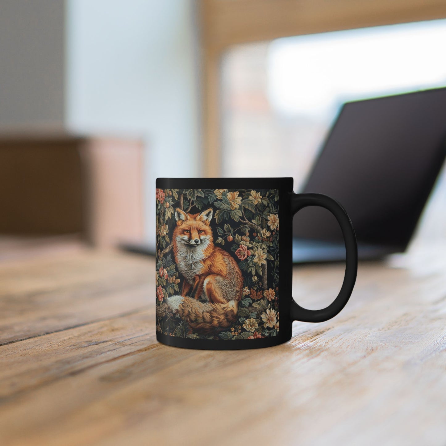 Forest Fox William Morris Inspired | Fox Ancient Black Coffee Mug For Her Him Ceramic Mug Black Mug 11oz, 15oz